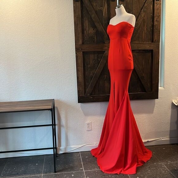 Miss ord Strapless Asymmetric Slit Front Sweetheart Wedding  Red Dress - Picture 8 of 16